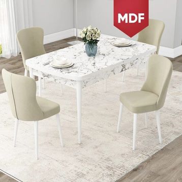 Canisa Concept Due Serisi 80x132 cm Açılabilir Beyaz Mermer Desen 4 Sandalye Krem Mutfak Masası Takımı