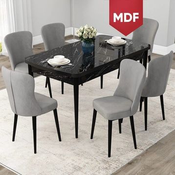 Canisa Concept Due Serisi 80x132 cm Açılabilir Siyah Mermer Desen 6 Sandalye Gri Mutfak Masası Takımı
