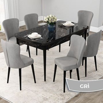 Canisa Concept Due Serisi 80x132 cm Açılabilir Siyah Mermer Desen 6 Sandalye Gri Mutfak Masası Takımı