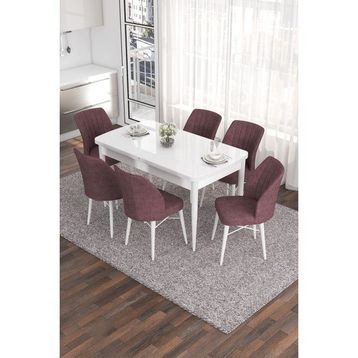 Canisa Concept Eva Serisi 80x132 cm Beyaz Mdf Açılabilir Gül Kurusu 6 Sandalye Mutfak Masa Takımı