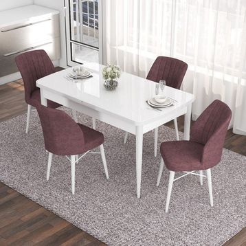 Canisa Concept Eva Serisi 80x132 cm Beyaz Mdf Açılabilir Gül Kurusu 6 Sandalye Mutfak Masa Takımı