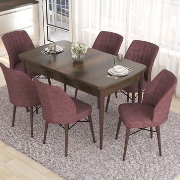 Canisa Concept Eva Serisi Barok Ahşap Desen MDf Açılabilir 6 Sandalye 80x132 cm Mutfak Masa Takımı