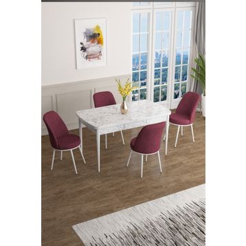 Canisa Concept Han Serisi 70x114 cm Beyaz Mermer Desen Masa Açılabilir 4 Sandalye Mdf Mutfak Masa Takımı