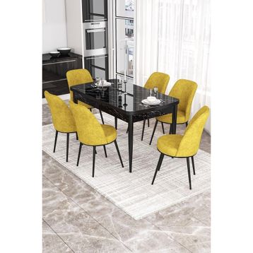 Canisa Concept Kor Serisi 70x114 cm Açılabilir Siyah Hardal Mermer Desen Mutfak Masa Takımı