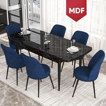 Canisa Concept Kor Serisi 70x114 cm Açılabilir Siyah Lacivert Mermer Mutfak Masa Takımı