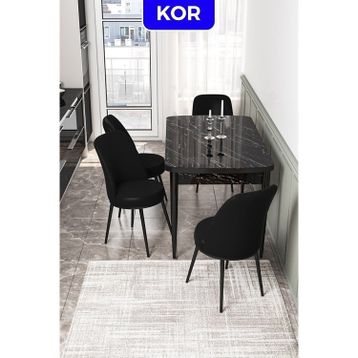 Canisa Concept Kor Serisi Siyah Mermer Desen 70x114 cm Açılabilir Masa 4 Sandalye Mutfak Masa Takımı