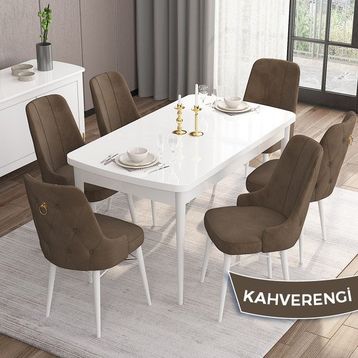 Canisa Concept MDF Are Serisi 80x132 CM Kahverengi 6 Sandalyeli Açılabilir Mutfak Masası