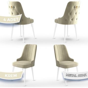 Canisa Concept Newa Serisi 4 Adet 1. Sınıf Babyface Kumaş Beyaz Metal Ayaklı Gold Halkalı Krem Sandalye