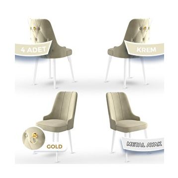 Canisa Concept Newa Serisi 4 Adet 1. Sınıf Babyface Kumaş Beyaz Metal Ayaklı Gold Halkalı Krem Sandalye