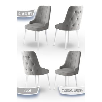 Canisa Concept Newa Serisi 4 Adet 1. Sınıf Babyface Kumaş Beyaz Metal Ayaklı Gümüş Halkalı Gri Sandalye
