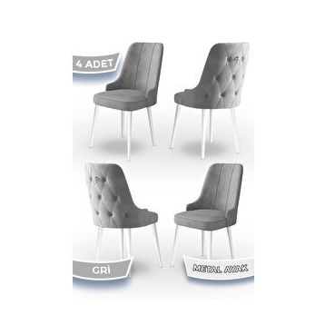Canisa Concept Newa Serisi 4 Adet 1. Sınıf Babyface Kumaş Beyaz Metal Ayaklı Gümüş Halkalı Gri Sandalye