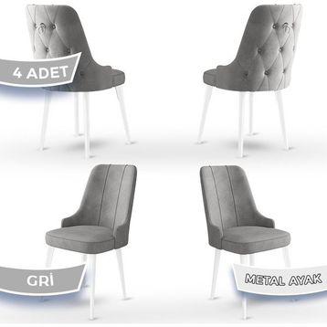 Canisa Concept Newa Serisi 4 Adet 1. Sınıf Babyface Kumaş Beyaz Metal Ayaklı Gümüş Halkalı Gri Sandalye