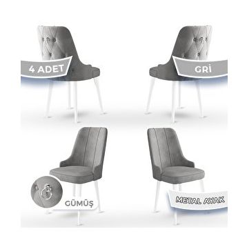 Canisa Concept Newa Serisi 4 Adet 1. Sınıf Babyface Kumaş Beyaz Metal Ayaklı Gümüş Halkalı Gri Sandalye