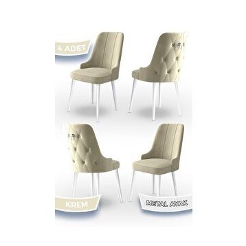 Canisa Concept Newa Serisi 4 Adet 1. Sınıf Babyface Kumaş Beyaz Metal Ayaklı Gümüş Halkalı Krem Sandalye