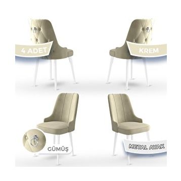 Canisa Concept Newa Serisi 4 Adet 1. Sınıf Babyface Kumaş Beyaz Metal Ayaklı Gümüş Halkalı Krem Sandalye