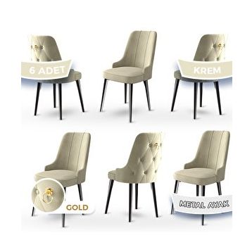 Canisa Concept Newa Serisi 6 Adet 1. Sınıf Babyface Kumaş Siyah Metal Ayaklı Gold Halkalı Krem Sandalye