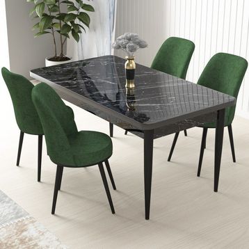 Canisa Concept Nil Siyah Mermer Desen 4 Adet Sandalye Sabit Yemek Masası