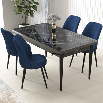 Canisa Concept Nil Siyah Mermer Desen 4 Adet Sandalye Sabit Yemek Masası