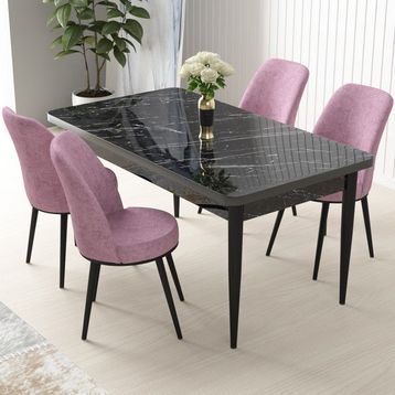 Canisa Concept Nil Siyah Mermer Desen 4 Adet Sandalye Sabit Yemek Masası