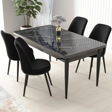 Canisa Concept Nil Siyah Mermer Desen 4 Adet Sandalye Sabit Yemek Masası