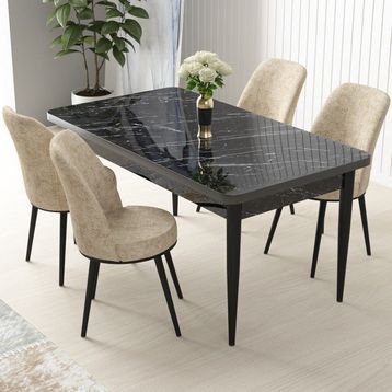 Canisa Concept Nil Siyah Mermer Desen 4 Adet Sandalye Sabit Yemek Masası