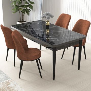 Canisa Concept Nil Siyah Mermer Desen 4 Adet Sandalye Sabit Yemek Masası