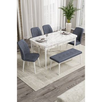 Canisa Concept Rio Serisi 80x132 cm Benchli Beyaz Mermer Desenli Füme Mdf Mutfak Masası Takımı