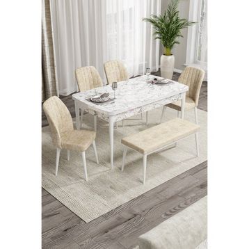 Canisa Concept Rio Serisi 80x132 cm Benchli Beyaz Mermer Desenli Krem Mdf Mutfak Masası Takımı