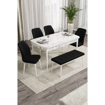 Canisa Concept Rio Serisi 80x132 cm Benchli Beyaz Mermer Desenli Siyah Mdf Mutfak Masası Takımı