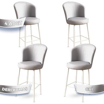 Canisa Concept Uras Serisi 4 Adet Gri Deri Ada Beyaz Metal Ayaklı Bar Sandalyesi