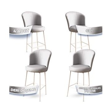 Canisa Concept Uras Serisi 4 Adet Gri Deri Ada Beyaz Metal Ayaklı Bar Sandalyesi