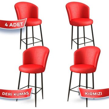 Canisa Concept Uras Serisi 4 Adet Kırmızı Deri Ada Siyah Metal Ayaklı Bar Sandalyesi