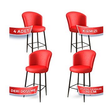 Canisa Concept Uras Serisi 4 Adet Kırmızı Deri Ada Siyah Metal Ayaklı Bar Sandalyesi