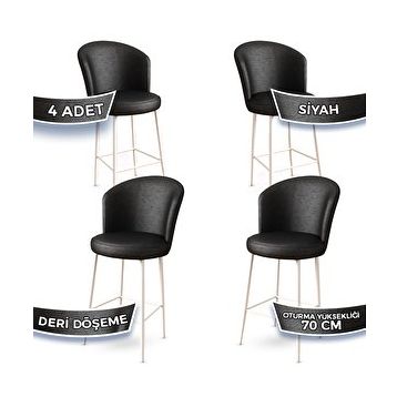 Canisa Concept Uras Serisi 4 Adet Siyah Deri Ada Beyaz Metal Ayaklı Bar Sandalyesi