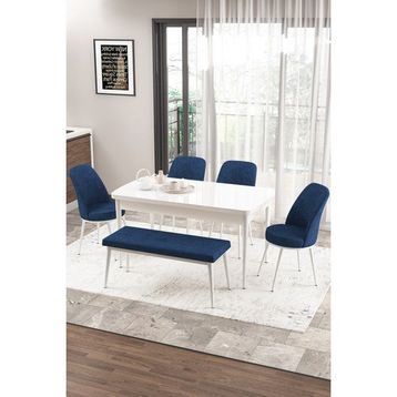 Canisa Concept Zen Serisi 80x132 cm Benchli Açılabilir Beyaz Lacivert Mdf Mutfak Masası Takımı