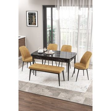 Canisa Concept Zen Serisi 80x132 cm Benchli Siyah Mermer Desen Açılabilir Mdf Cappuccino Mutfak Masası Takımı