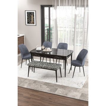 Canisa Concept Zen Serisi 80x132 cm Benchli Siyah Mermer Desen Açılabilir Mdf Füme Mutfak Masası Takımı