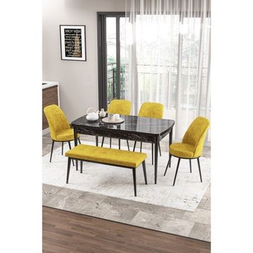 Canisa Concept Zen Serisi 80x132 cm Benchli Siyah Mermer Desen Açılabilir Mdf Hardal Mutfak Masası Takımı