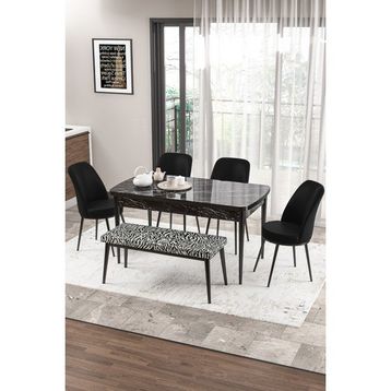 Canisa Concept Zen Serisi 80x132 cm Benchli Siyah Mermer Desen Açılabilir Mdf Mat Siyah Mutfak Masası Takımı
