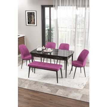 Canisa Concept Zen Serisi 80x132 cm Benchli Siyah Mermer Desen Açılabilir Mdf Mor Mutfak Masası Takımı