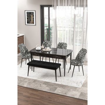Canisa Concept Zen Serisi 80x132 cm Benchli Siyah Mermer Desen Açılabilir Mdf Siyah Beyaz Mutfak Masası Takımı