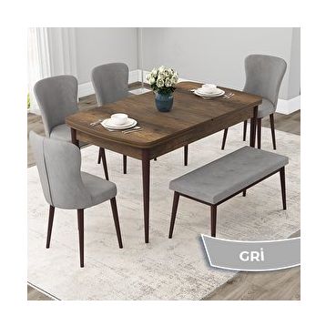 Canisa Due Serisi 80x132 Açılabilir Barok Ahşap Desen Mutfak Masası Takımı ve 4 Gri Sandalye ve Gri 1 Bench