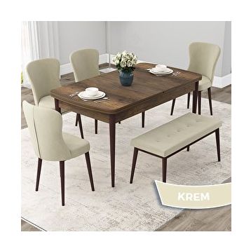Canisa Due Serisi 80x132 Açılabilir Barok Ahşap Desen Mutfak Masası Takımı ve 4 Krem Sandalye ve Krem 1 Bench