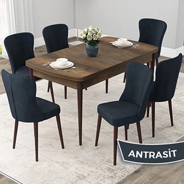 Canisa Due Serisi 80x132 Açılabilir Barok Ahşap Desen Mutfak Masası Takımı ve 6 Adet Antrasit Sandalye