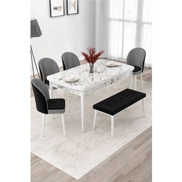 Canisa Due Serisi 80x132 Açılabilir Beyaz Mermer Desen Mutfak Masası Takımı ve 4 Adet Antrasit Sandalye