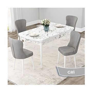 Canisa Due Serisi 80x132 Açılabilir Beyaz Mermer Desen Mutfak Masası Takımı ve 4 Adet Gri Sandalye