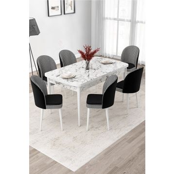 Canisa Due Serisi 80x132 Açılabilir Beyaz Mermer Desen Mutfak Masası Takımı ve 4 Adet Krem Sandalye