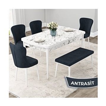 Canisa Due Serisi 80x132 Açılabilir Beyaz Mermer Desen Mutfak Masası Takımı ve 4 Antrasit Sandalye ve Antrasit 1 Bench