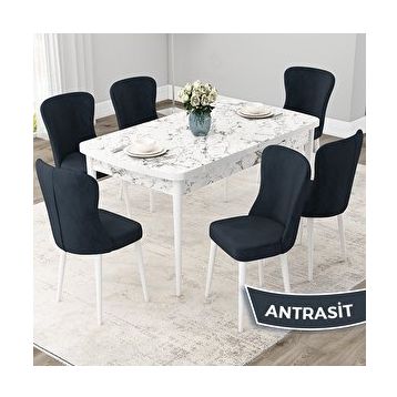 Canisa Due Serisi 80x132 Açılabilir Beyaz Mermer Desen Mutfak Masası Takımı ve 6 Adet Antrasit Sandalye