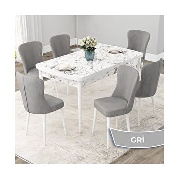 Canisa Due Serisi 80x132 Açılabilir Beyaz Mermer Desen Mutfak Masası Takımı ve 6 Adet Gri Sandalye